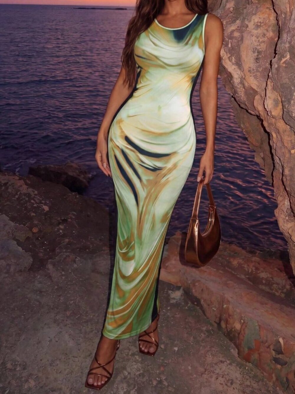 Green Casual Women's Tie-Dye Printed Slim Fit Long Maxi Dress